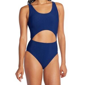 NWT Speedo Swimsuit One Piece Keyhole Tie Back Navy Blue Ribbed - Size 4